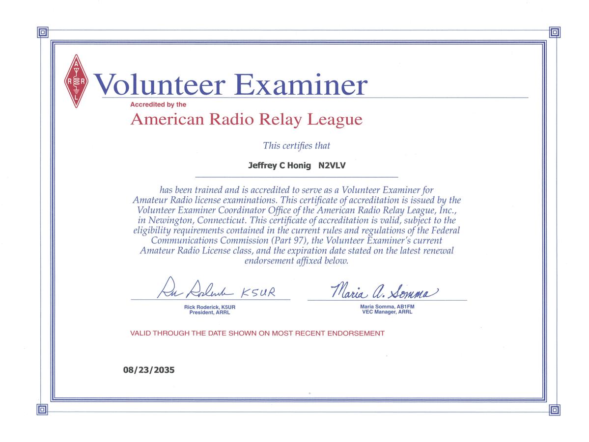 Image of Jeff's AARL Volunteer Examiner Certificate